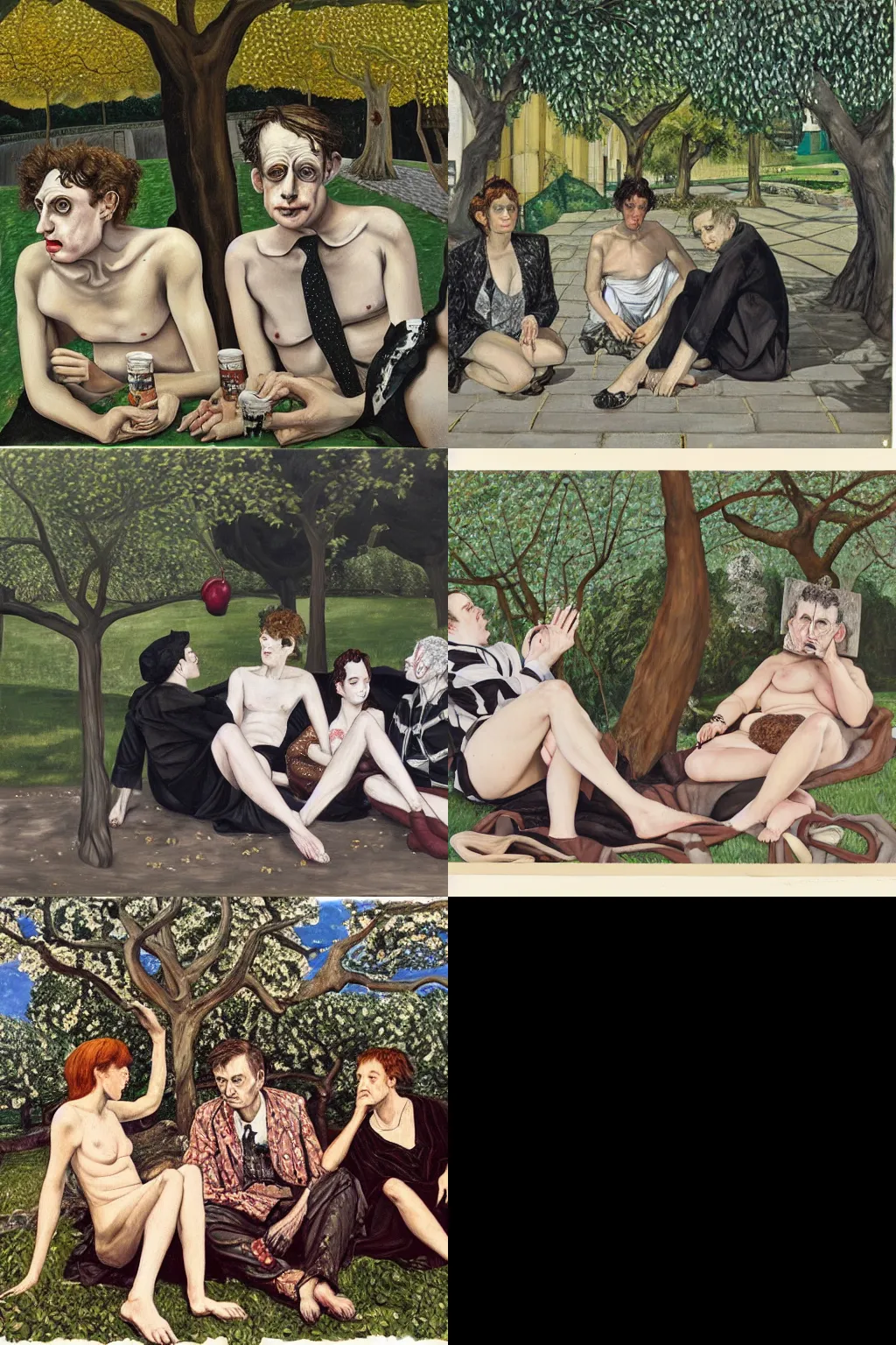 Prompt: an hd painting by lucian freud. three goths loitering in the shade, talking beneath a cherry tree outside a blockbuster video store.