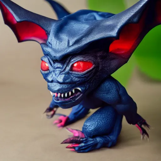 Image similar to detailed full body of scary giant mutant dark blue humanoid pygmy-bat, glowing red eyes, sharp teeth, acid leaking from mouth, realistic, giant, bat ears, bat nose, furred, covered in soft fur, detailed, 85mm f/1.4