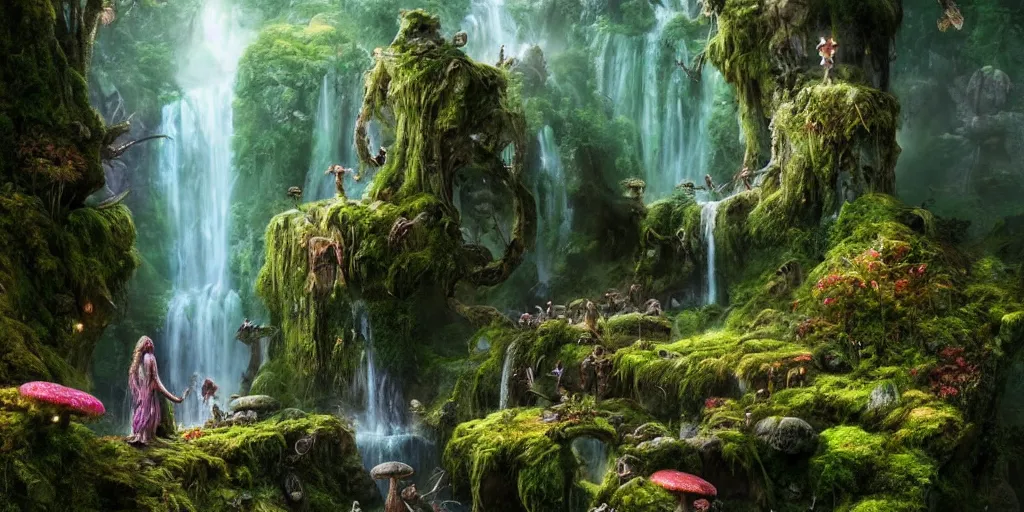 Image similar to fairyland scenery landscape, lord of the rings, waterfalls, monoliths, flowers, mushroom structures, moss highly detailed, vivid color, perfect lighting, perfect composition, 8 k, brian froud, artgerm, derek zabrocki, greg rutkowski