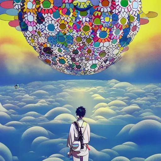 Image similar to a man walking on clouds above kyoto by takashi murakami, beeple and james jean, aya takano color style, 4 k, super detailed