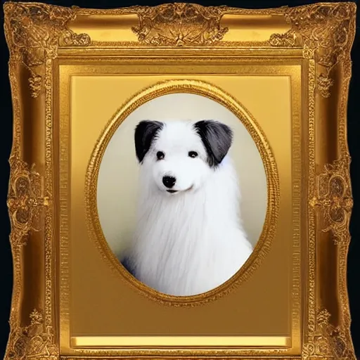 Prompt: president dog, gloppy eared fluffy white fur little mutt, official Victorian painting, full body portrait, gold frame stylized