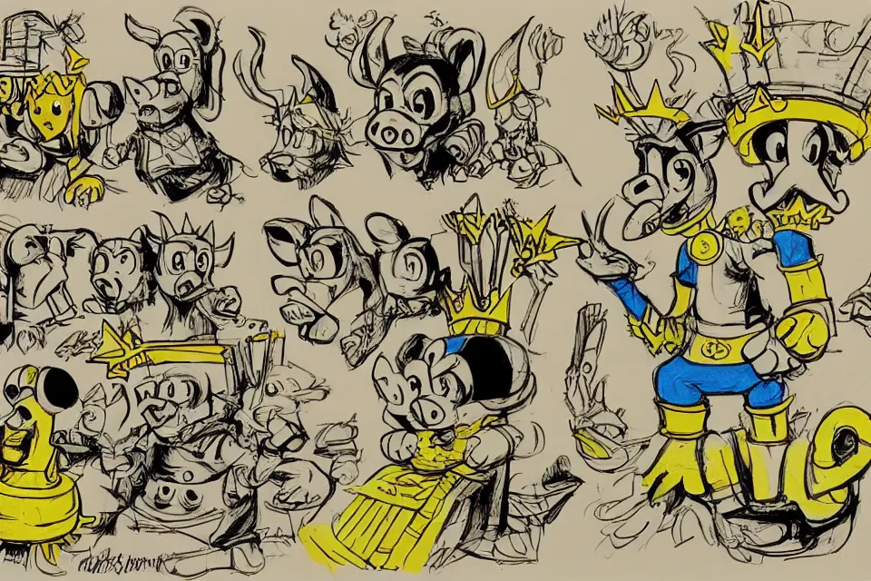 Image similar to concept sketches of a pig wearing a gold crown by jamie hewlett, in the style of megaman