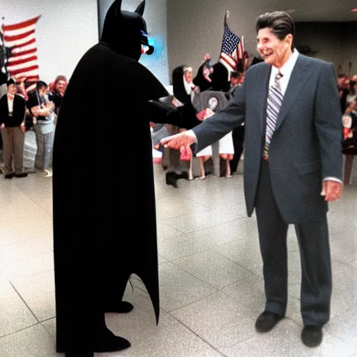 Image similar to batman shaking hands with ronald reagan