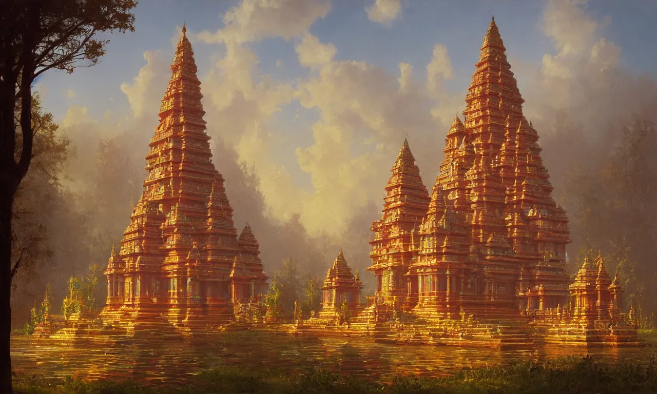 Image similar to A beautiful Hindu temple by Simon Stålenhag and Albert Bierstadt, oil on canvas