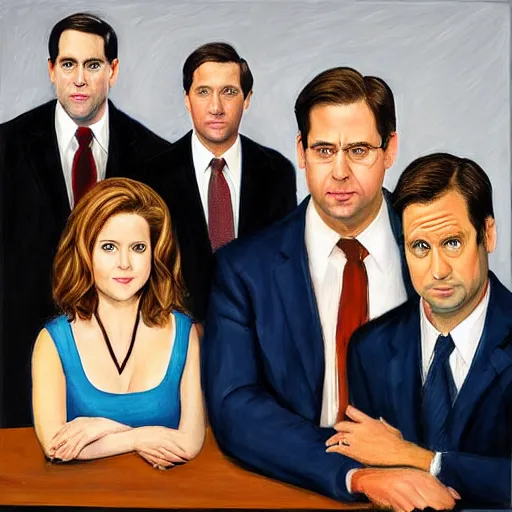 Image similar to the cast of the office, steve carell, jenna fischer, john krasinski, rainn wilson, portrait painting by edward hopper