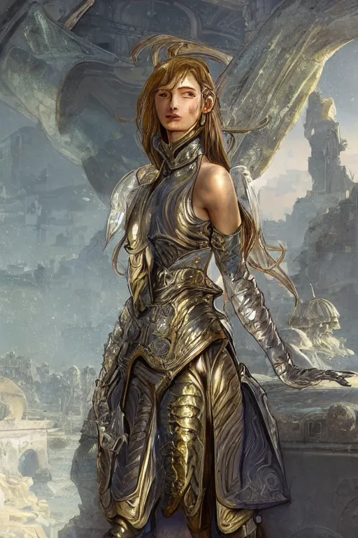 Image similar to portrait knights of Zodiac girl, metallic Silver and ice color reflected armor, in ruined Agora of Athens, ssci-fi, fantasy, intricate, very very beautiful, elegant, golden light, highly detailed, digital painting, artstation, concept art, smooth, sharp focus, illustration, art by WLOP and tian zi and alphonse mucha