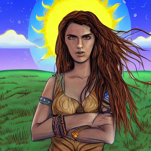 Image similar to illustration of a short but curvaceous El Salvadorian woman names Sarah with long brown hair and brown eyes. Her face had complex deep intriguing shamanic patterns within it. She stands in front of a solar Punk post apocalyptic scene