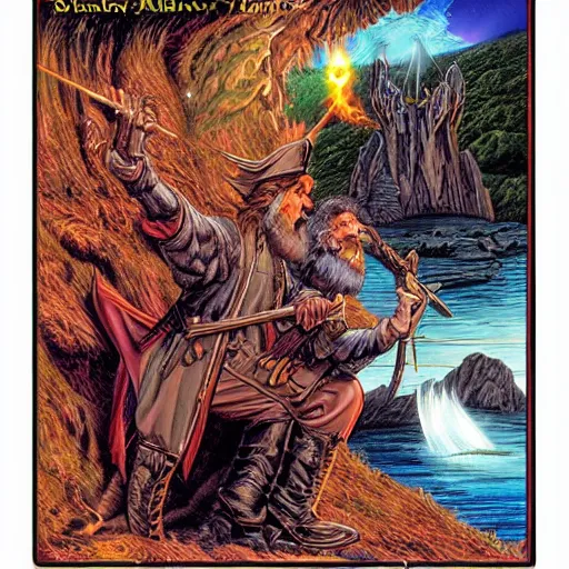 Prompt: 🧙🦅🛸🔥🌞🌲, Larry Elmore, Stephen Fabian