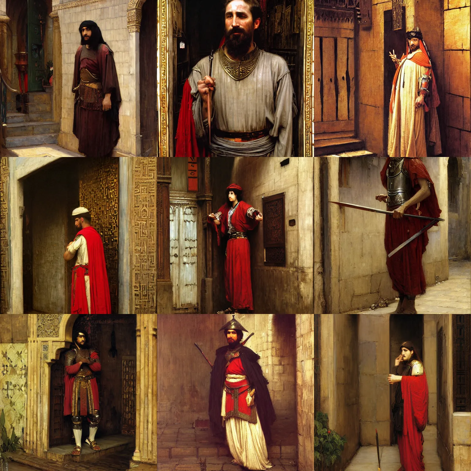 Prompt: orientalist painting of a knight standing in a shady alleyway intricate portrait by john william waterhouse and Edwin Longsden Long and Theodore Ralli and Nasreddine Dinet, oil on canvas. Cinematic, hyper realism, dramatic lighting, high detail 8k
