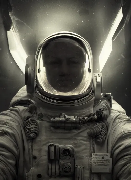 Image similar to concept art by craig mullins astronaut doing selfie in futuristic dark and empty spaceship underwater infrared selfie. infrared glowing lights. complex and hyperdetailed technical suit. reflection and dispersion materials. rays and dispersion of light. volumetric light. 5 0 mm, f / 3 2. noise film photo. flash photography. unreal engine 4, octane render. interstellar movie art