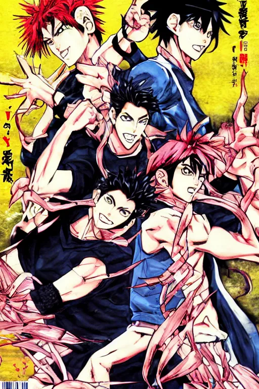 Image similar to manga cover of two characters fighting as a shounen jump cover, art by hirohiko araki, japanese comic book, art by keisuke itagaki, modern fashion outfit, dynamic poses, action poses, muscular characters