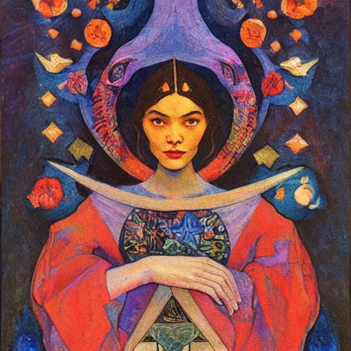 Image similar to the night crown, by Annie Swynnerton and Nicholas Roerich and Diego Rivera, embroidered robes, starry tattoos, elaborate costume, geometric ornament, symbolist, soft colors, dramatic lighting, smooth, sharp focus, extremely detailed