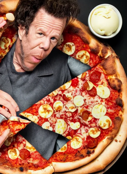 Image similar to Tom Waits eating pizza with ice cream on top, color photograph portrait 4k