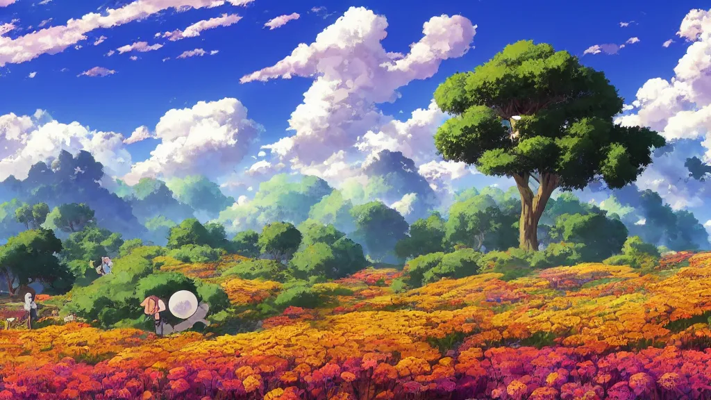 Image similar to fantastic anime sunny meadow with flowers, lone old Oak in the middle plane and mountains on the background, by Hayao Miyazaki, nausicaa of the valley of the wind, studio Ghibli style, Anime wallpaper, stunning