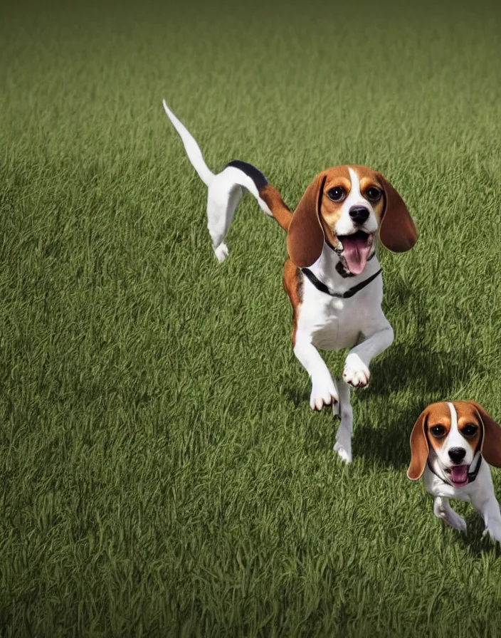 Image similar to a beagle running in a field . intricate artwork by art-station. octane render, cinematic, hyper realism, 8k, depth of field.