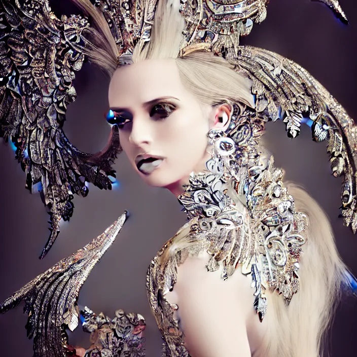 Image similar to photo portrait of a beautiful woman like a dark fallen angel, dressed in long elegant intricate ornamental white dress,intricate fractal ornament in the bust with a very long neck , , elegant, highly detailed intricate baroque ornament in her blond long hair, Realistic, Refined, Highly Detailed, Cinematic Lighting,, photo-realistic, 8K , fine art photography by Flora Borsi, volumetric lighting, pastel colors scheme , hyper realistic photography in style of Vogue Fashion magazine