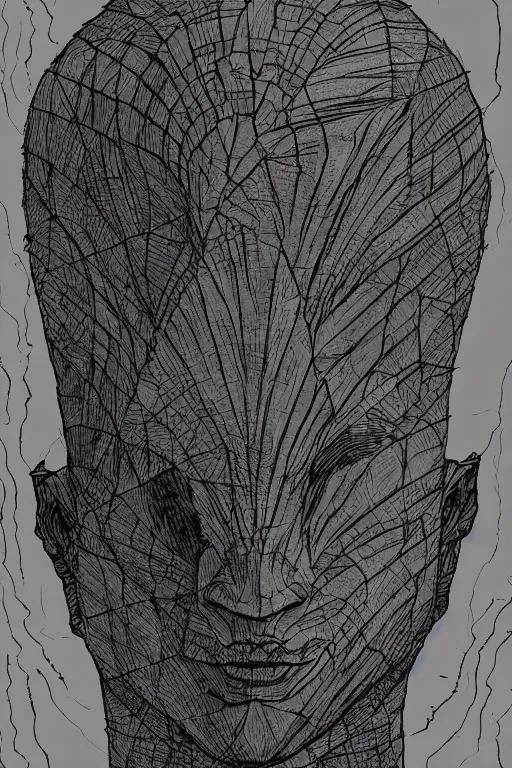 Image similar to portrait of triangular mushroomfolk head and shoulders, in the style of Greg Broadmore and junji ito and Arthur Rackham and Moebius, trending on artstation, light lighting side view,digital art,surrealism ,macro,blueprint ,vaporwave ,