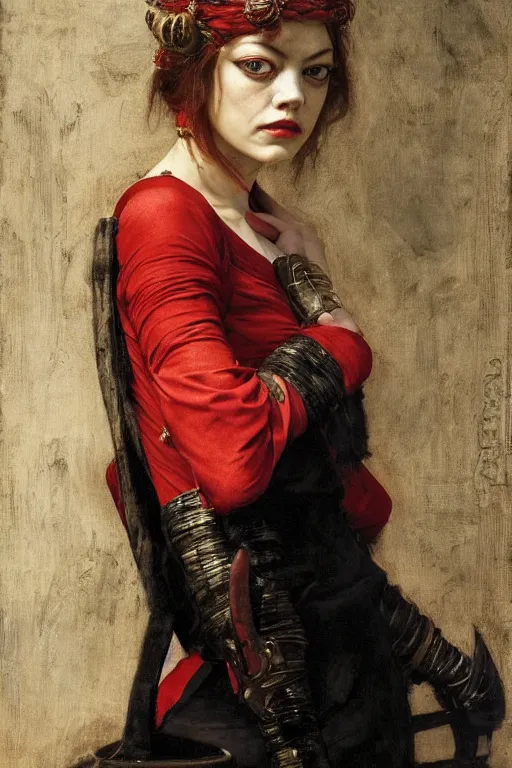 Image similar to emma stone as a bandit queen, goddes of the vampires, red silk dress, bloodshot eyes by edgar maxence and caravaggio and michael whelan and delacroix