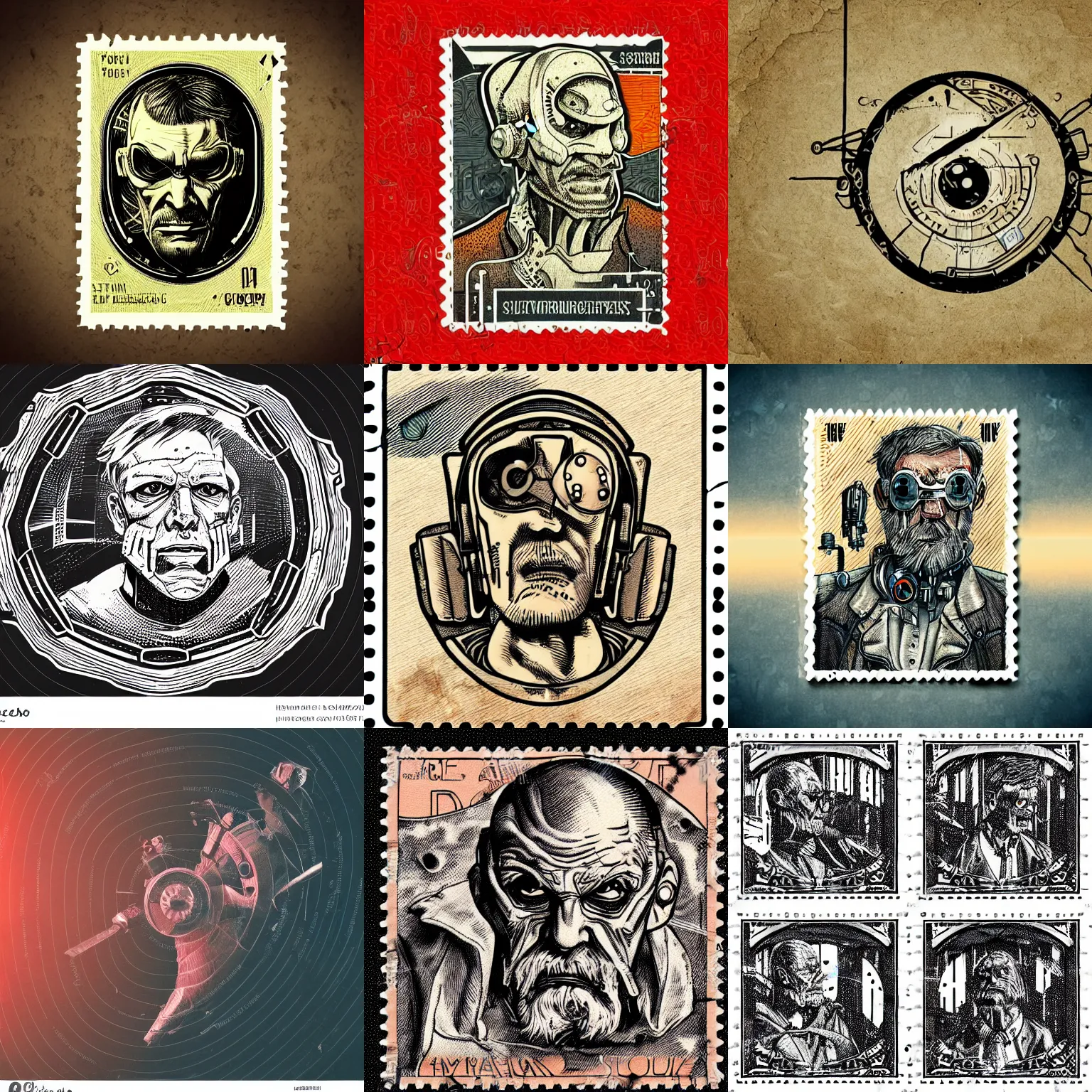 Prompt: Ultra realistic illustration of an old man cyborg cyberpunk sci-fi fantasy dystopian art nouveau graphic design old stamp