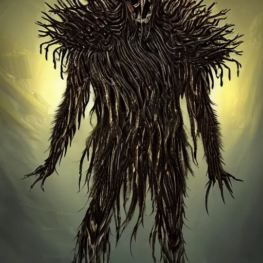 Prompt: photorealistic concept art of A long 100 armed beast-god, a huge body covered with deep bristles, and glowing eyes, icon