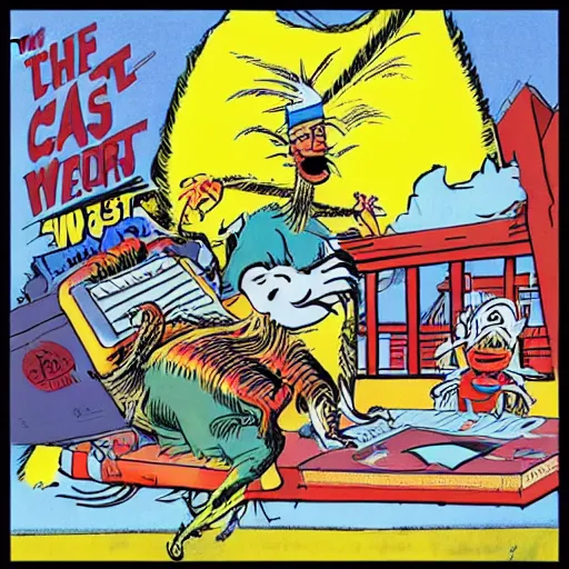 Image similar to The East Coast–West Coast hip hop rivalry, attacks, illustrated by Dr Seuss