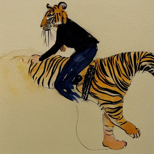 Image similar to girl riding a tiger, art, minimalistic painting, watercolor on paper, high quality, by Berthe Morisot, trending on artstation