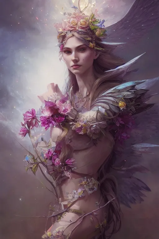 Image similar to portrait of a beautiful elf casting magic spell holding flowers, angel, fantasy, dramatic lighting, highly detailed, digital painting, holding electricity, magic the gathering, hyper detailed, 3 d render, hyper realistic detailed portrait, peter mohrbacher, wlop, ruan jia