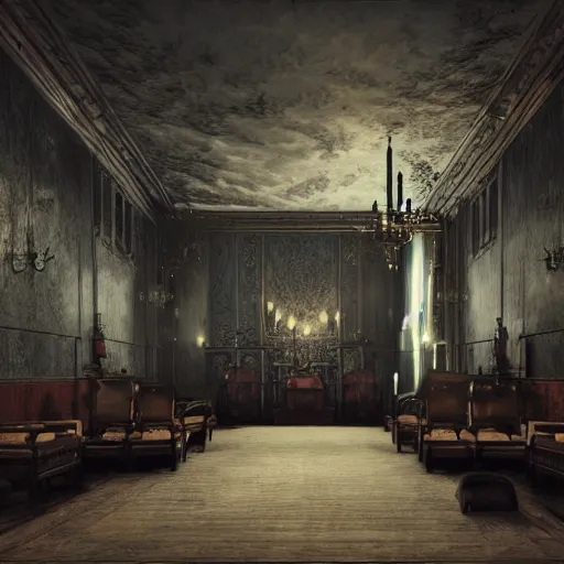 Image similar to A room full of vampires, high ceiling, victorian, soft light, ominous, photorealistic, detailed, 8k