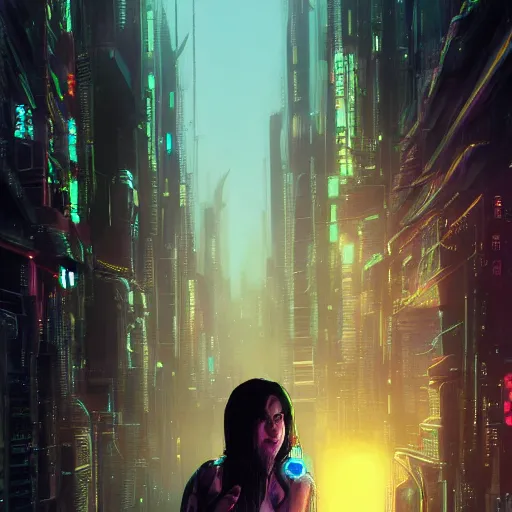 Image similar to molly millions, closeup portrait of a young beautiful cyberpunk woman, mirror eye implants, black hair in a rough shag, sunset, neuromancer, street samurai, cyberpunk city background, megacity, gorgeous view, depth, painted by seb mckinnon, high detail, digital art, painted by greg rutkowski, trending on artstation