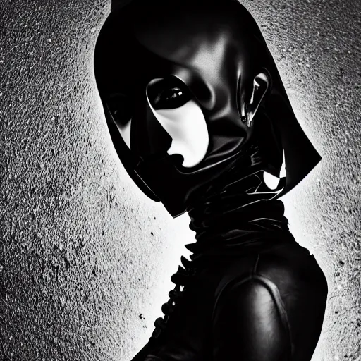 Image similar to fashion photography of an extraterrestrial model, wearing a black mask, wearing demobaza fashion, inside berghain, berlin fashion, harness, futuristic fashion, dark minimal outfit, photo 3 5 mm leica, hyperdetail, berghain, 8 k, very detailed, photo by nick knight