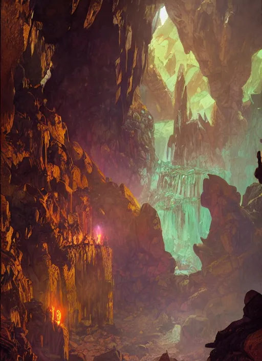 Image similar to Dwarven miner exploring deep caverns. Fantasy concept art. Epic painting by James Gurney, and Alphonso Mucha. ArtstationHQ. painting with Vivid color. (Dragon age, witcher 3, lotr)