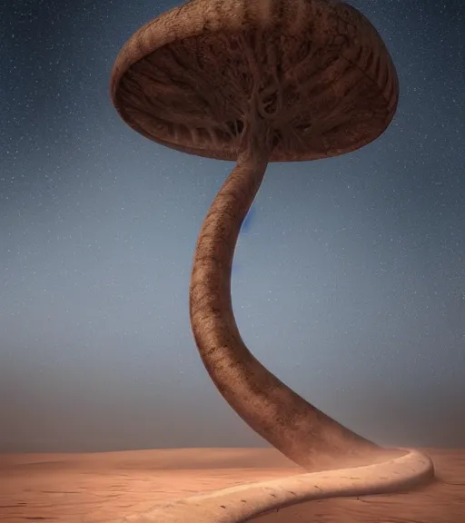 Prompt: surreal theory of ancient futuristic anaconda tree in the desert, foggy sky, dark night, octane render, unreal engine, pale colors, high detail, 8 k, wide angle, trending on artstation, behance