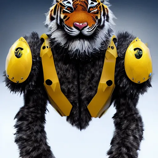 Prompt: a humanoid tiger in futuristic body armor and grey fur, highly detailed, yellow eyes, teeth that protrude past their lower jaw holding a plasma rifle