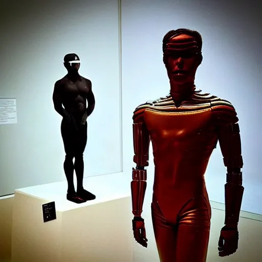 Prompt: “a realistic detailed photo of a guy who is an attractive humanoid who is half robot and half humanoid, who is a male android, American freestyle and folkstyle wrestler from Oklahoma AJ Ferrari, shiny skin, posing like a statue, blank stare, at a museum, on display”