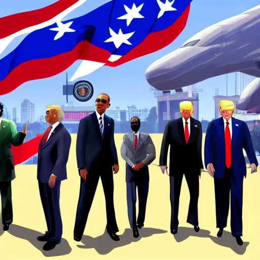 Prompt: GTA Cover Art, Obama, Biden, Trump, USA Presidents, Patriotic, God Bless America