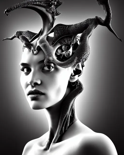 Image similar to a black and white 3D render of a beautiful portrait of a young female angelic-dragon-cyborg face with a very long neck, 150 mm, orchids, Mandelbrot fractal, anatomical, flesh, facial muscles, veins, arteries, full frame, microscopic, elegant, highly detailed, flesh ornate, elegant, high fashion, rim light, ray trace, octane render in the style of H.R. Giger and Man Ray, Realistic, Refined, Digital Art, Highly Detailed, Cinematic Lighting, rim light, black and white, photo-realistic Unreal Engine, 8K