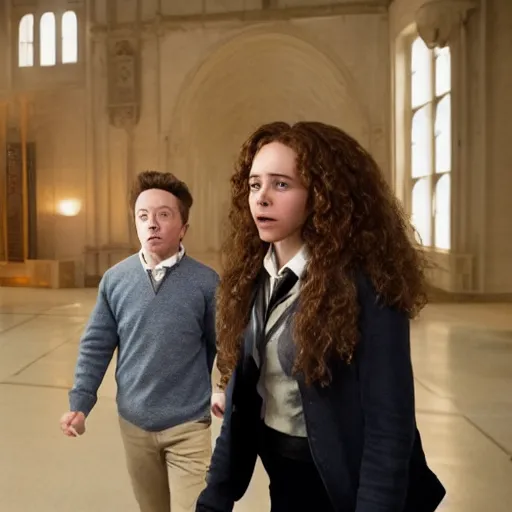 Image similar to hermione granger and young elon musk caught on photo 4k