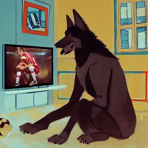 Image similar to a humanoid german shepherd beast - man, sitting and watching a soccer match in his house on television, he has hurt his knee and is a dad, by erin hanson, alexi zaitsev, karl spitzweg, award winning, tv set