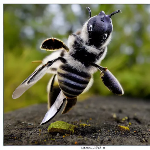 Prompt: action photo of bee as shark, from nature journal, 1 / 1 0 0 0 sec shutter, action photo, sigma 1 0 5 mm f 2. 8