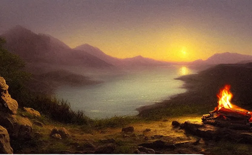 Image similar to small campfire on a hill overlooking the ocean, close up shot, at dusk, distant mountains, 4k, rule of thirds, extreme detail, hazy water, intricate ink illustration, trending on artstation, cgsociety, hd, calm, complimentary colours, realistic lighting, by Albert Bierstadt, Frederic Edwin Church.