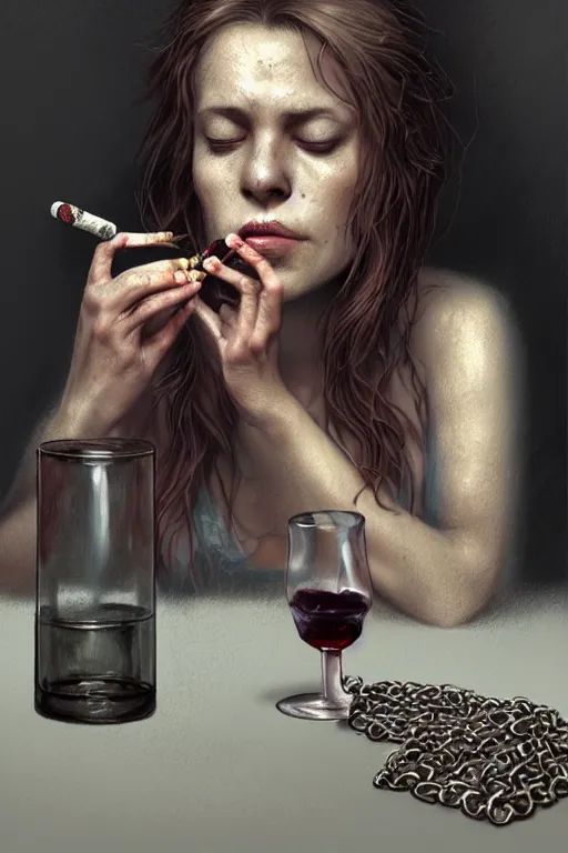 Image similar to dirty faced and very tired womanlooking pile smoking a winebottle, drugs, cigarrette boxes at the table, fantasy, intricate, elegant, highly detailed, digital painting, artstation, concept art, addiction, chains, smooth, sharp focus, illustration, art by Ilja Repin