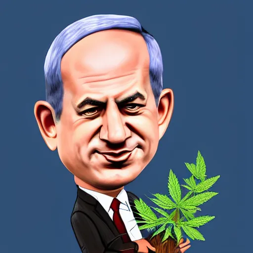 Prompt: a caricature of Benjamin Netanyahu holding a giant marijuana plant, detailed face, digital art, highly detailed