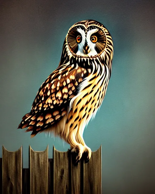 Image similar to an extremely detailed masterpiece painting of a short - eared owl on a wooden fence post, in the style of brian froud, brian despain, brian bolland, digital art, unreal engine, volumetric lighting, dark moody lighting, trending on artstation, photorealistic, epic scene