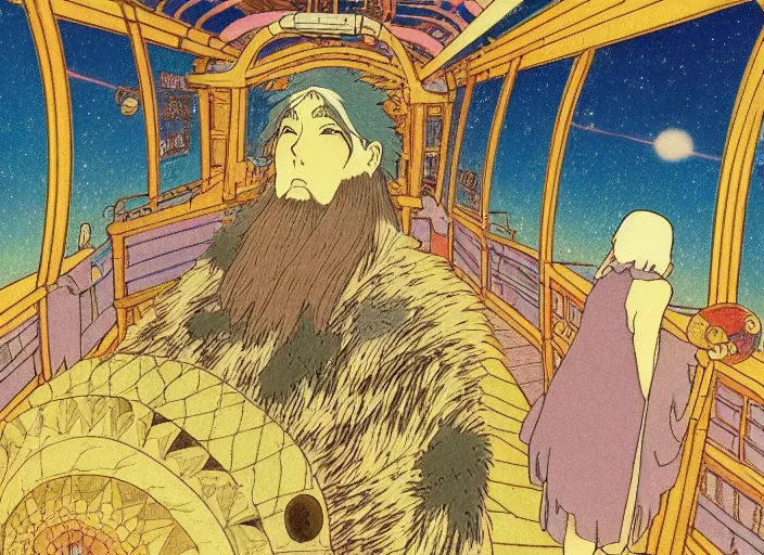 Image similar to a still frame in anime style, studio ghibli, ivan bilibin, medieval western bible sci - fi illustration of a person morphing into a bird, space station interior