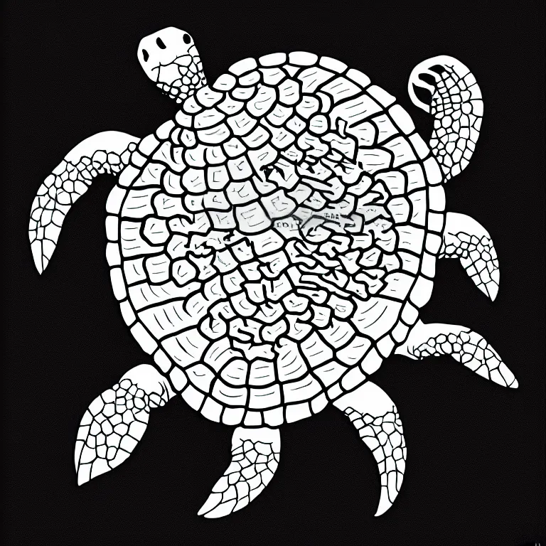 Prompt: simple yet detailed illustration of a warana sea turtle, use of negative space mandatory, artwork created by Mike Mignola and Banksy in the style of a cartoon and tattoo stencil, black ink illustration,no shadings, black on white only, smooth curves
