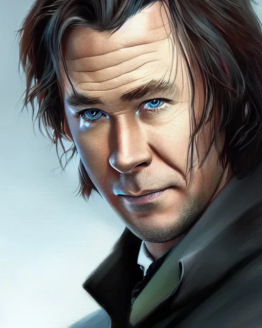 Image similar to portrait of Chris Hemsworth as Professor Snape by Stanley Artgerm Lau, WLOP, Rossdraws, James Jean, Andrei Riabovitchev, Marc Simonetti, and Sakimichan, trending on artstation