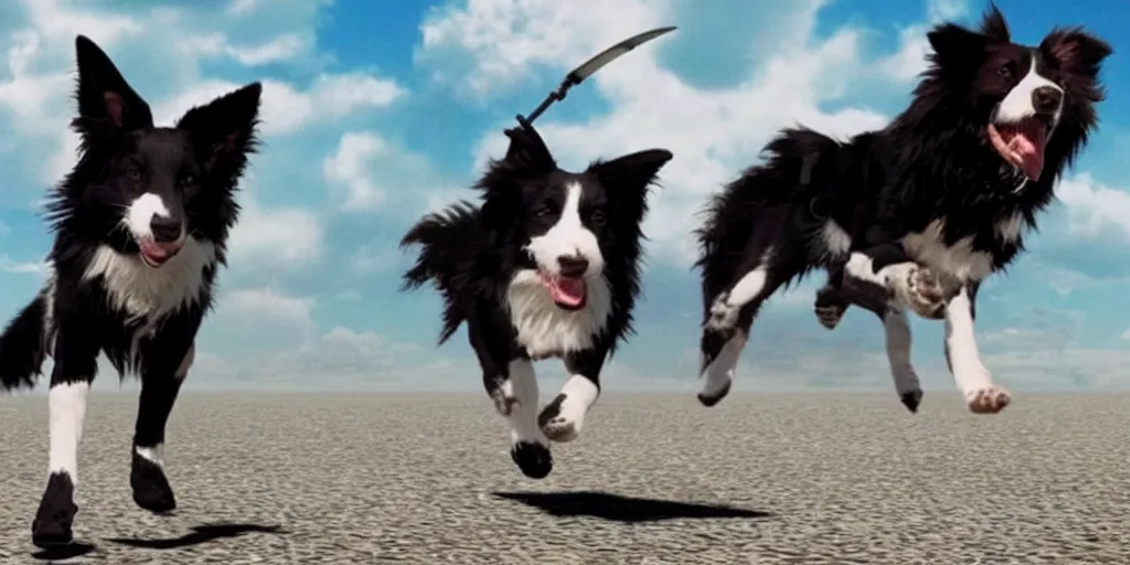 Image similar to border collie in robocop armor chasing flying saucers. Anime. Ultra-realistic.