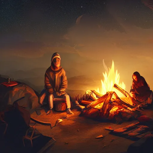 Image similar to Nomadic trader, sitting by a campfire, night, digital art, 4k, trending on artstation