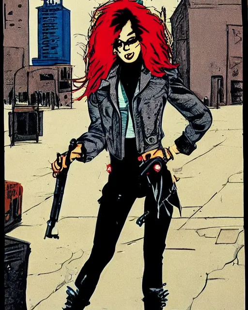 Image similar to punk girl pointing gun, city street, frank miller
