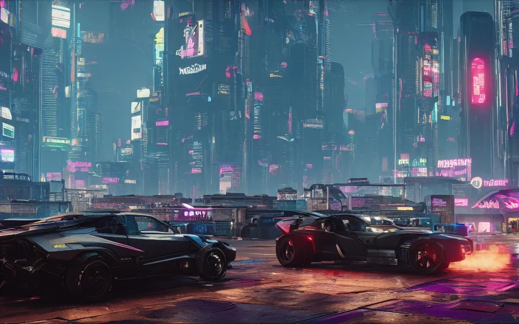 Image similar to Cyberpunk 2077 car Quadra Turbo-R V-Tech, driving down dusty city dystopian, long distance shot , by Mead, Syd